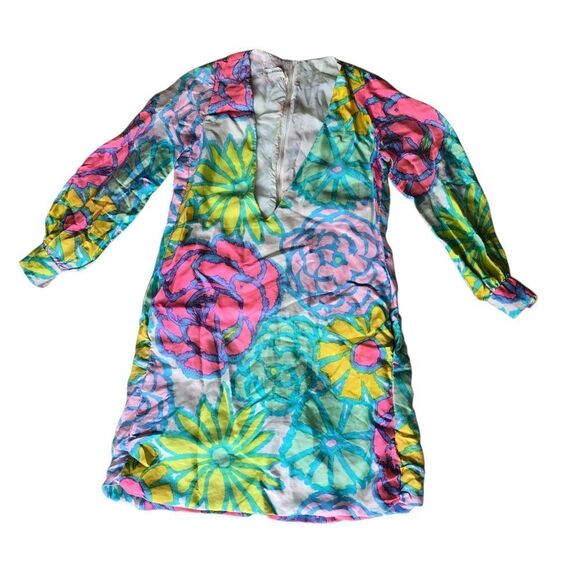 BH WRAGGE Vibrant Floral Long Sleeve Dress  Deep V Neck Size Medium Retro - Picture 15 of 15